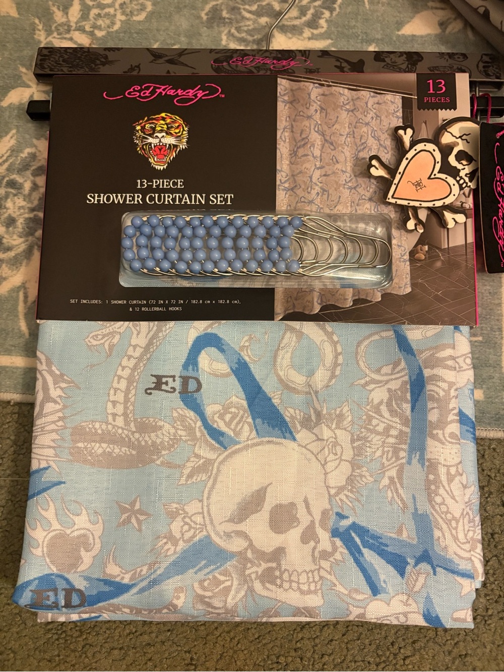 Ed Hardy Light Blue and Tan Skull Shower Curtain Set - 13 Piece